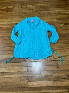 Isaac Mizrahi Damen 100 % Leinen Bluse Gr. Medium Kragen V-Ausschnitt Tunika Top Schlitze - Bild 1 von 5
