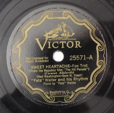 FATS WALLER Sweet Heartache VICTOR 78 25571 prewar scroll jazz I've Got A New - Image 1 of 4