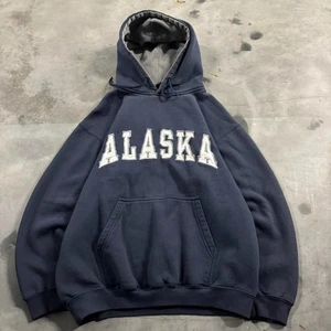 Vintage 90s Navy Blue Alaska Spellout Streetwear Hoodie! Size M - Picture 1 of 7