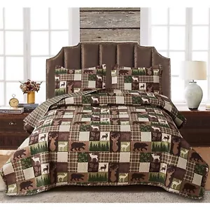 Oliven Reversible Lodge Plaid Bedding Moose Bear Quilt King Size Rustic Bedsp... - Picture 1 of 7