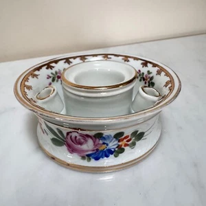 A Handpainted Sèvres Porcelain Floral Cylindrical Inkwell & Stand Made in France - Picture 1 of 13