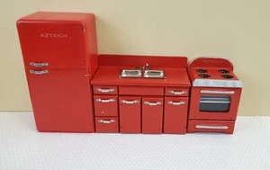 Dollhouse Miniature Kitchen Wall Set Fridge Sink Stove Oven 1:12 Scale Red - Picture 1 of 5