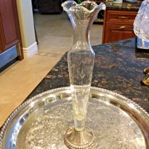 VTG-Empire-Weighted Sterling Base Crystal Bud Vase Etched Floral Fluted Rim - Picture 1 of 5