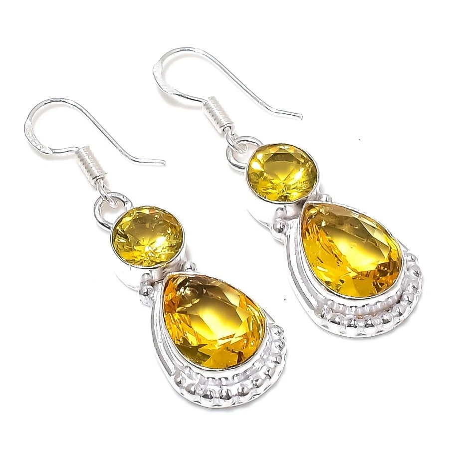 Yellow Citrine Gemstone Handmade 925 Sterling Silver Jewelry Earrings Size 1.90 - Image 1 of 1