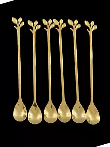 6er Set Eisteelöffel mit langem Griff Gold Metall Blattmotiv - Bild 1 von 5