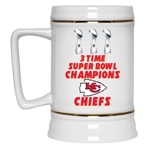 3 Time Super Bowl Champions Kansas City Chiefs White 22oz Beer Mug Stein Cover