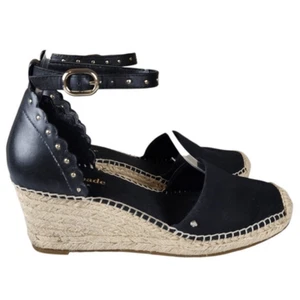 Kate Spade- Black Palma Espadrilles Ankle Strap Gold Tone Accent Wedge, Size 6.5 - Picture 1 of 12