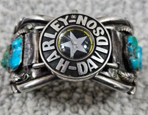 Vintage Navajo Sterling Silver Turquoise Bracelet Harley Davidson Watch Signed - Picture 1 of 12