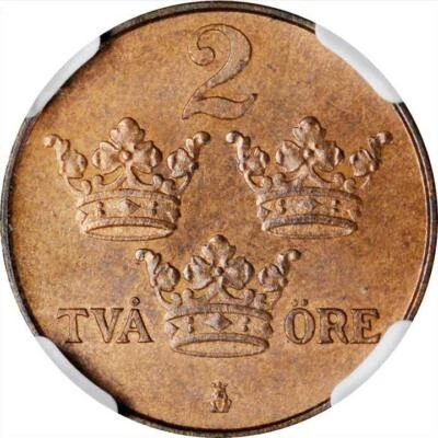 1912 Sweden 2 Ore NGC MS 65 BN Finest Graded and Key Date. KM-778 - Image 1 of 4
