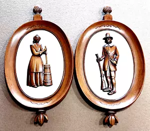 Vtg Syroco Pioneer Pilgram Couple 13" Wall Plaques Wood Grain Look Thanksgiving - Picture 1 of 10