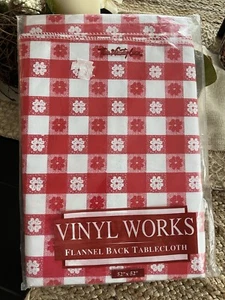 Vintage 52" X 52" SQUARE VINYL TABLECLOTH FLANNEL BACKED RED WHITE CHECKERED - Picture 1 of 11