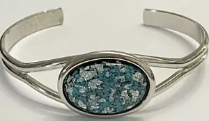 Cuff Bracelet Silver Plated Metal w/ Blue & Silver Flake Center Stone - Picture 1 of 4