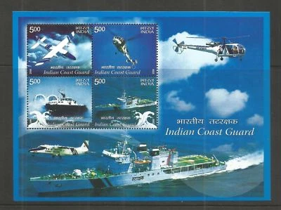 India 2008 Guardia Costera India Helicóptero Aviación Barco Avión Miniatura Hoja Foto 1 de 2