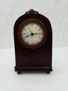 Vintage Retro Clock Brown Faux Leather Feet Handle Battery Dome Shape Free Stand - Picture 1 of 17