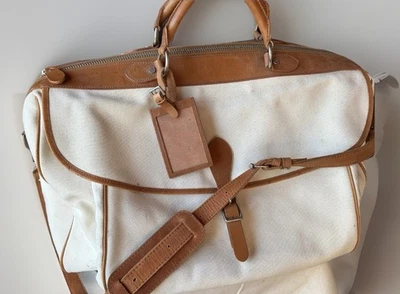 Vintage Ralph Lauren Ivory Canvas & Tan Leather Duffle Bag Weekender-RARE! - Image 1 of 4