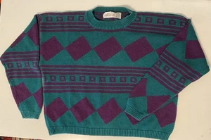 Vtg Just Sasha Geometric Green Purple Crop Sweater L Boxy 80s 90s - Picture 1 of 10