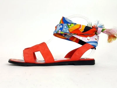 Sandalias HERMES Eyra Rouge Rubis Gamuza Seda Sarga Tobillo Envolventes Talla 37 Foto 1 de 4