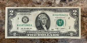 2009 $2 Two Dollar Bill # B 01075962 A - Picture 1 of 2