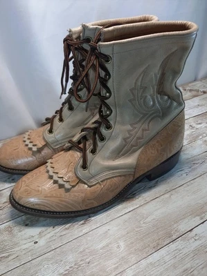 VTG Larry Mahan Tan Tooled Leather Lace Up Western Boots 9 M Kiltie Boots - Image 1 of 4