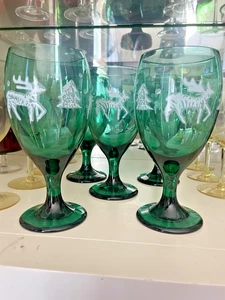Set 5 Vintage Libbey Wacholder grün Glas Weingläser 7' Kelche Winter Rentier - Bild 1 von 10