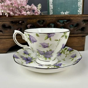 Royal Albert Lilac Lane Platinum Teacup & Saucer – Footed – Bone China – England - Picture 1 of 17