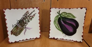 Antica Fornace Square Salad plate set of 2, 7 1/2", Eggplant, Asparagus, Italy - Picture 1 of 9