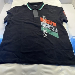 True Religion Herren Gr. L Polo Sport Shirt Schwarz Grafik Kurzarm Logo Neu - Bild 1 von 8