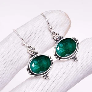 Emerald (Lab-Created) Gemstone Handmade 925 Sterling Silver Jewelry Earrings - Picture 1 of 4