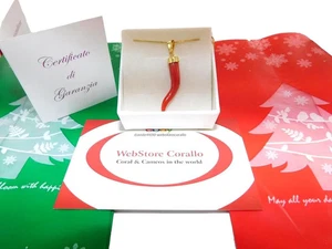 Pendant ITALIAN Natural in Gemstone of Red Coral Horn of Gold 18k 750 Mens Italy - Picture 1 of 4