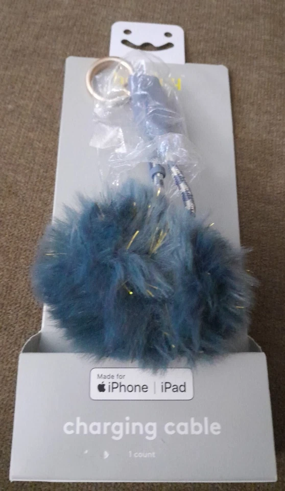 Heyday 6" LTNG to USB-A Pom-Pom Keychain Cable fits iPhone Gray Teal Gold Flakes - Image 1 of 1