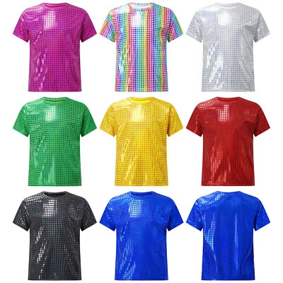 Kids Boys Girls Tops Sequins Jazz Sparkly T-shirt Modern Hip Hop Unisex Blouse - Image 1 of 3