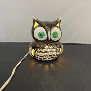 Vintage MCM Ceramic Owl Night Light Brown & White w/Green Eyes Charity - Picture 1 of 10