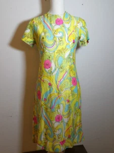 Vintage 1970s Day Glo Flower Power Silky Satiny Slim Fit Dress - Picture 1 of 4