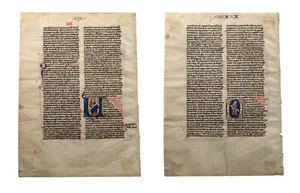 TWO 13TH CENTURY ILLUMINATED MANUSCRIPT BIBLE LEAVES BY A FRENCH ILLUMINATOR - Picture 1 of 2