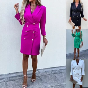 Women V-Neck Elegant Blazer Midi Dress Ladies Business Casual Slim Fit Club Dres - Picture 1 of 27
