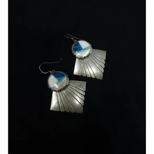 Pair of VTG Sterling Silver Mother of Pearl MOP Turquoise Drop Earrings Pierced - Picture 1 of 8