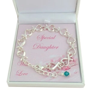 Birthstone Bracelet with Heart Links. Gift Boxed for Mum, Sister, Daughter etc - Picture 1 of 8