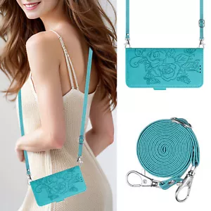 For Various Phone Crossbody Strap Leather Rose Card Wallet Case Flip Stand Cover - Picture 1 of 25