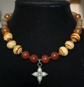 Lucky Brand Maltese Cross Pendant Necklace Carnelian Beads - Picture 1 of 2