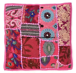 Indian Cotton Cushion Cover Beaded Patchwork Embroidery Sofa Decor 16" Pink Sham - Picture 1 of 1