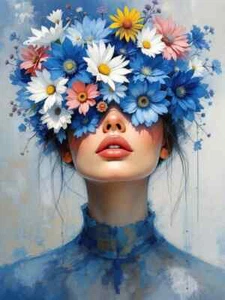 XL Leinwandbilder Weibliche Frauen Tiefes Blau Blumen Flora 03 Modern Portrait - Picture 1 of 2