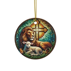 Löwe und Lamm Ornament - Buntglas Kreuz Design - auf Keramik gedruckt - Bild 1 von 4
