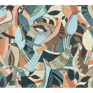 AG2016 Coral & Aqua Fauvist Flock Wallpaper Artistic Abstracts - Picture 1 of 4