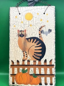 Arte de pared de pizarra de gato de otoño temporada Halloween acabado craquelado pintado a mano rústico - Imagen 1 de 9