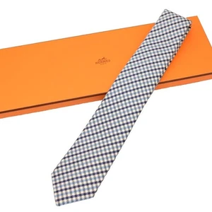 Used [Discount] [Unused] HERMES Hermes Tie Blue Blue White Check 100% Silk - Picture 1 of 8