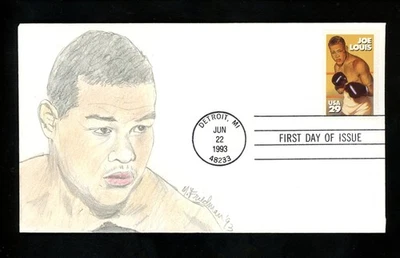 US FDC #2766 Friedman Hand Drawn HD Colored HC 1993 MI Joe Louis Boxing Sports - Image 1 of 2