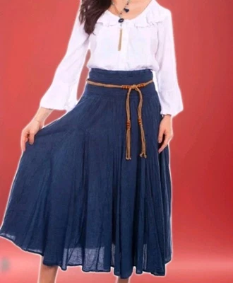 SCULLY-Cantina Coll.-Full Skirt Dark Blue Crinkle Cotton Smocked Waist Midi-Med - Image 1 of 4