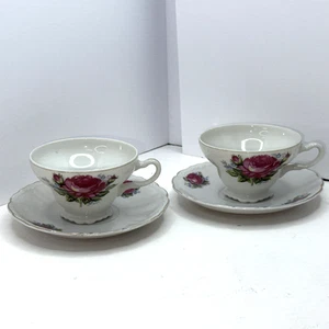 2 ~ Vintage Keramik Porzellan Rot Rosa Rosen Tasse & Untertasse Sets Made in Japan - Bild 1 von 7