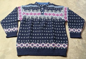 Suéter Pullover LL Bean Nordic Fair Isle Talla L Botón Azul Marino Mezcla Lana Años 90 - Imagen 1 de 7