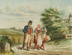 G. STEIN (19.Jhd), Edelmann trifft zwei Mädchen, Aquarell Romantik Mode - Picture 1 of 5